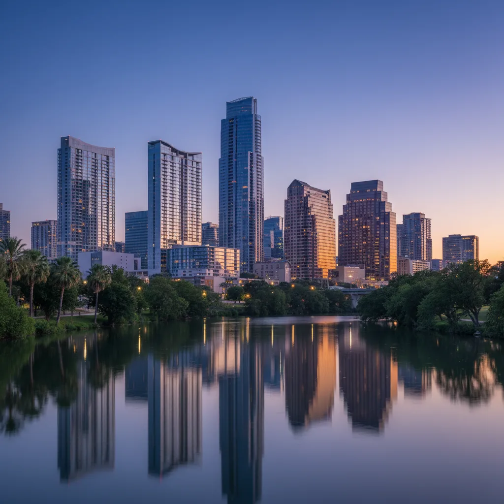 Downtown Austin Texas skyline at sunset over Lady Bird Lake